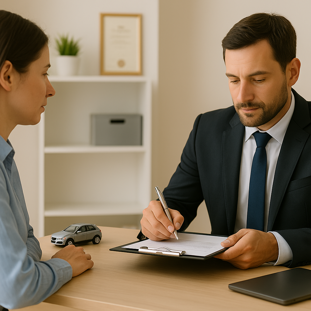 Perito judicial experto en seguros durante una consulta profesional